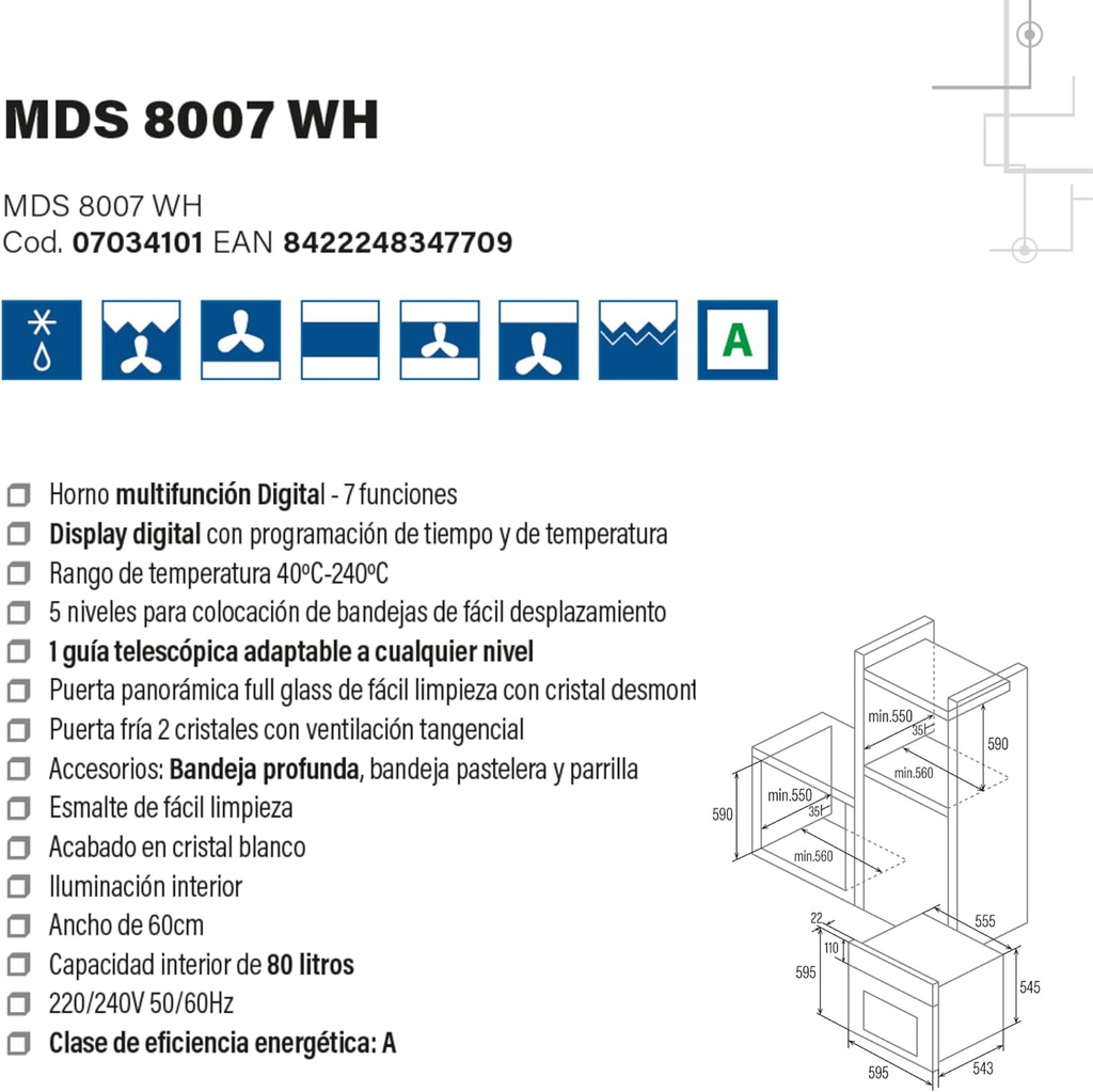 Horno CATA 8007 Multifunción Digital WH con 7 Funciones. Diplay Digital. Capacidad 80 L. Puerta Panorámica Full Glass. Iluminación Interior. Acabado en cristal blanco