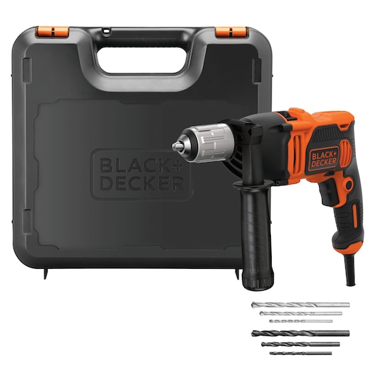 Taladro Percutor BLACK+DECKER BEH850K 850W 3200rpm 13mm con 3 brocas mampostería, 3 brocas madera, empuñadura lateral y maletín